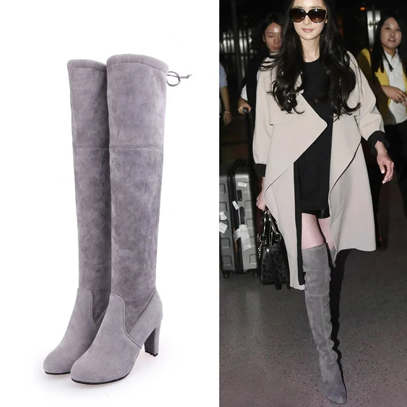 Faux Suede Over The Knee Boots Lace Up