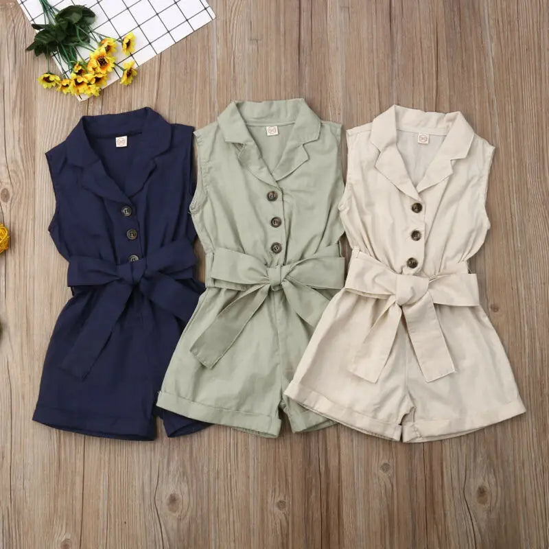 Baby Girls Sleeveless Bow-tie Waist Playsuits
