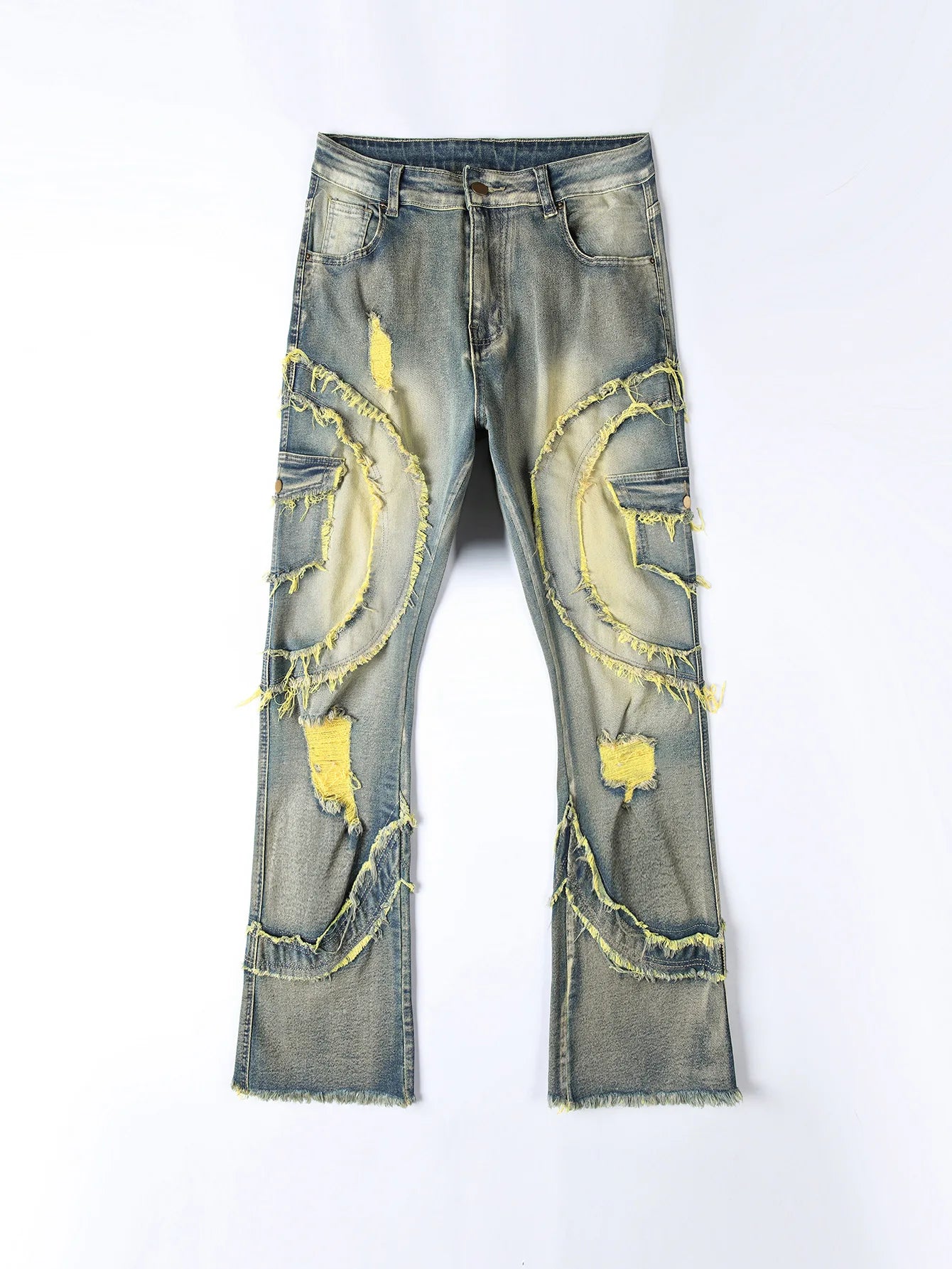 Retro ripped hole slightly flared tassel elastic jeans
