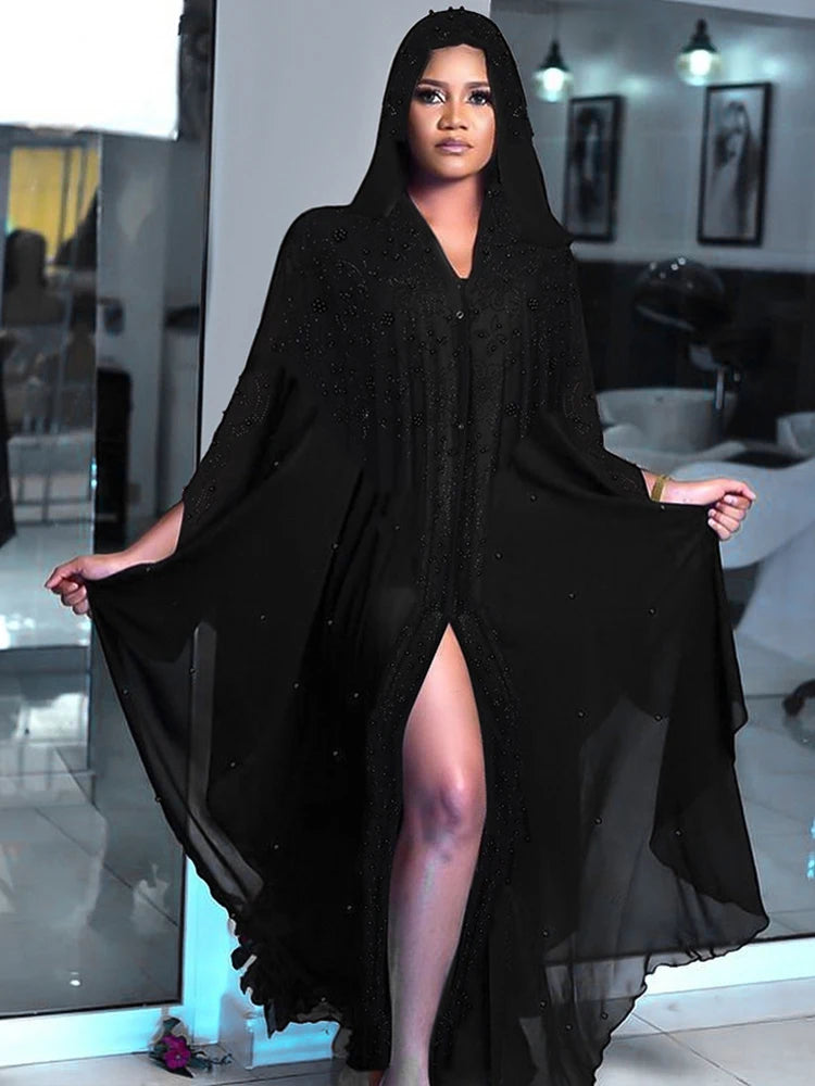 Abaya Femme Dubai Turkey Black Kaftan Long Sleeve Chiffon Hooded Dresses