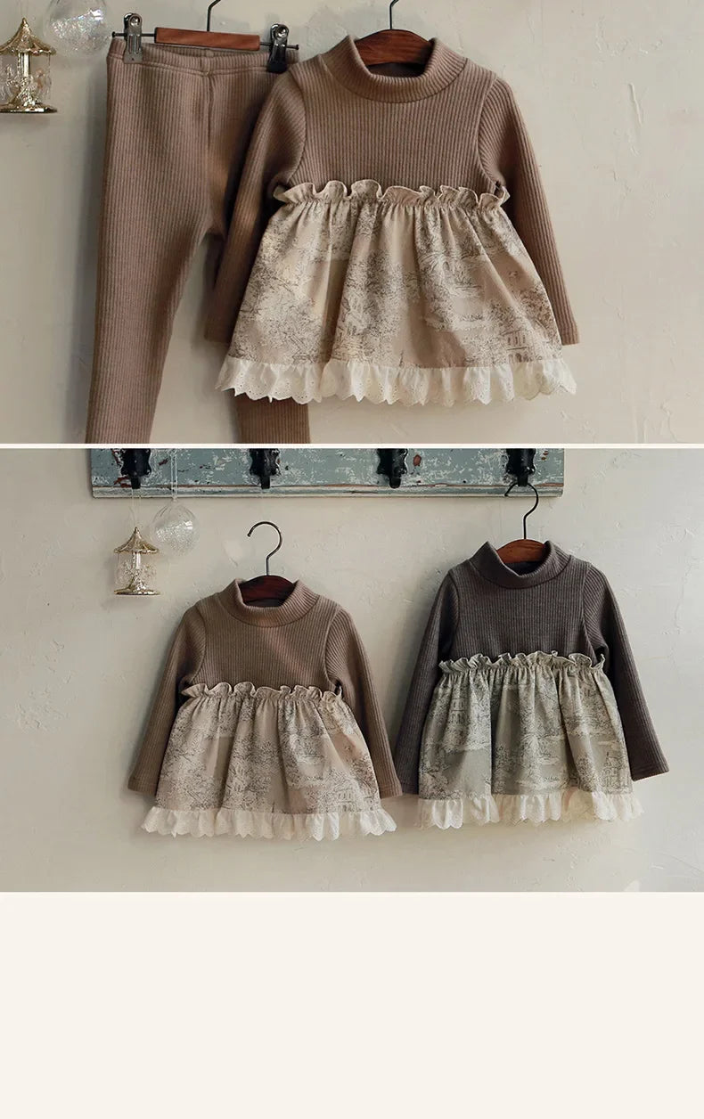 Toddler Girls Woven Spliced Lace Cute Knitted Top and Leggings Outfit Set