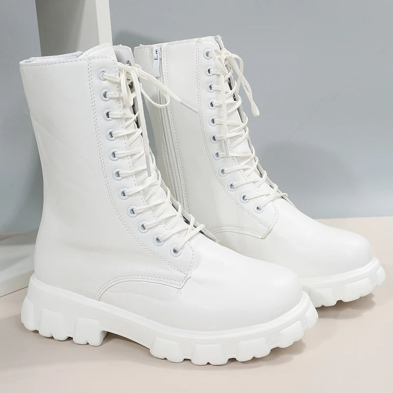 Autumn Winter PU Leather White Ankle Boots