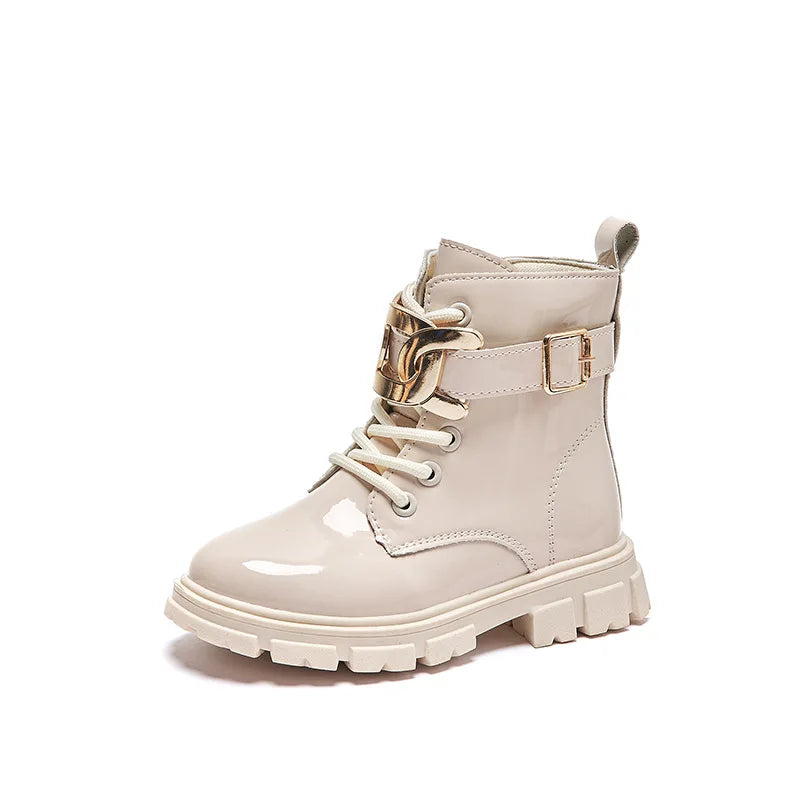 Girls Ankle Boots Glossy Buckle
