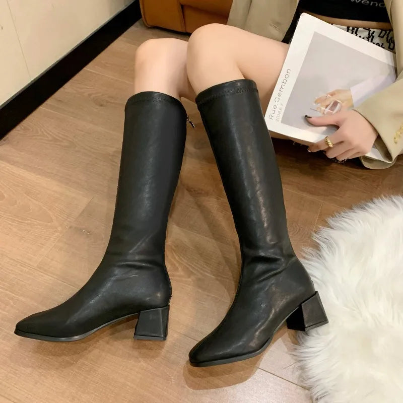 Women's Soft Pu Leather High-heeled Knee Boots