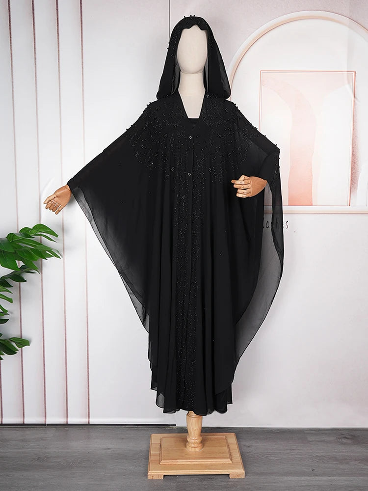 Abaya Femme Dubai Turkey Black Kaftan Long Sleeve Chiffon Hooded Dresses