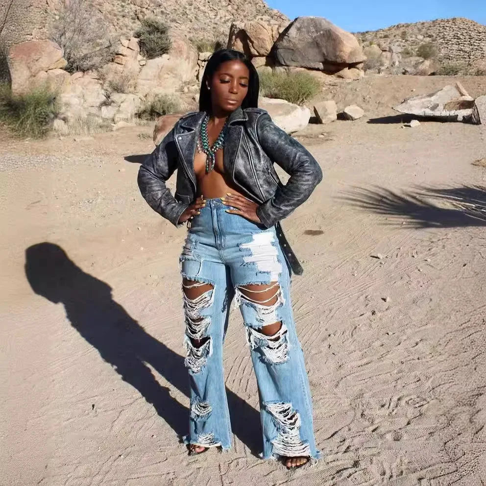 Women Long Pants Elegant Splice Denim Pant