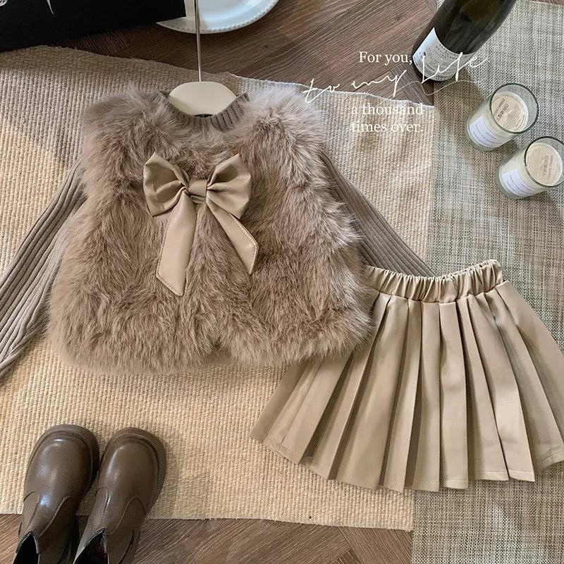 Pleated Leather Skirt 3pcs Baby Girl Clothes
