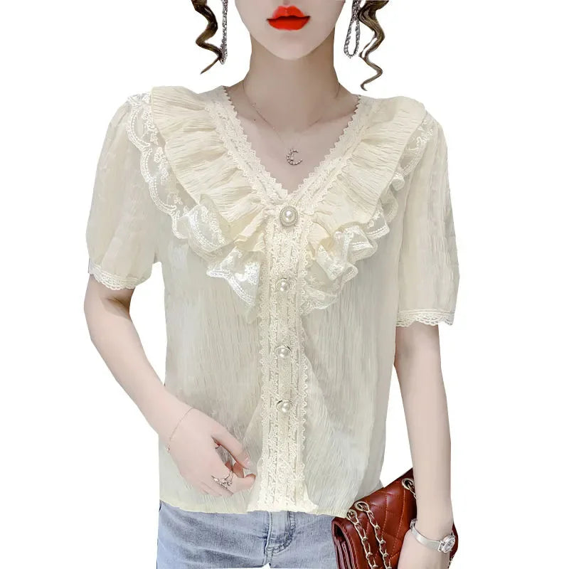 Chiffon Elegant V-Neck Lotus Leaf Edge Lace Top Shirt