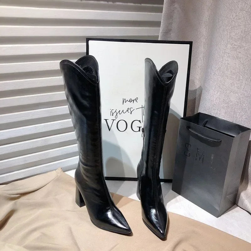 PU Leather Long Boots V-port Pointed Toe Knee High Boots