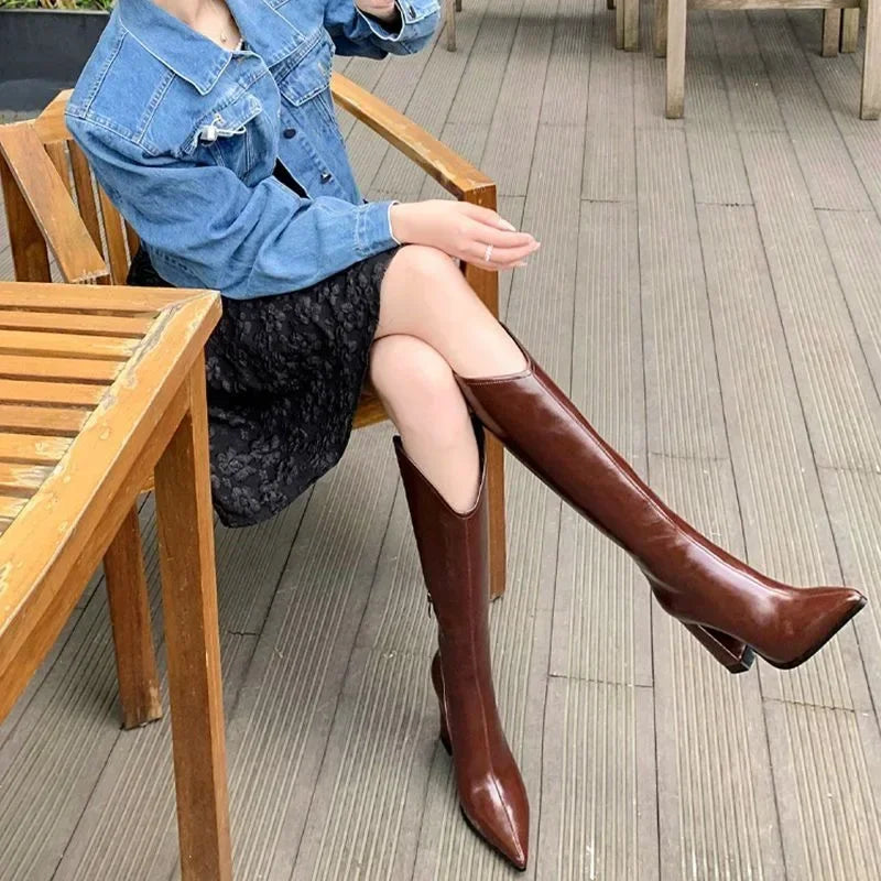 PU Leather Long Boots V-port Pointed Toe Knee High Boots