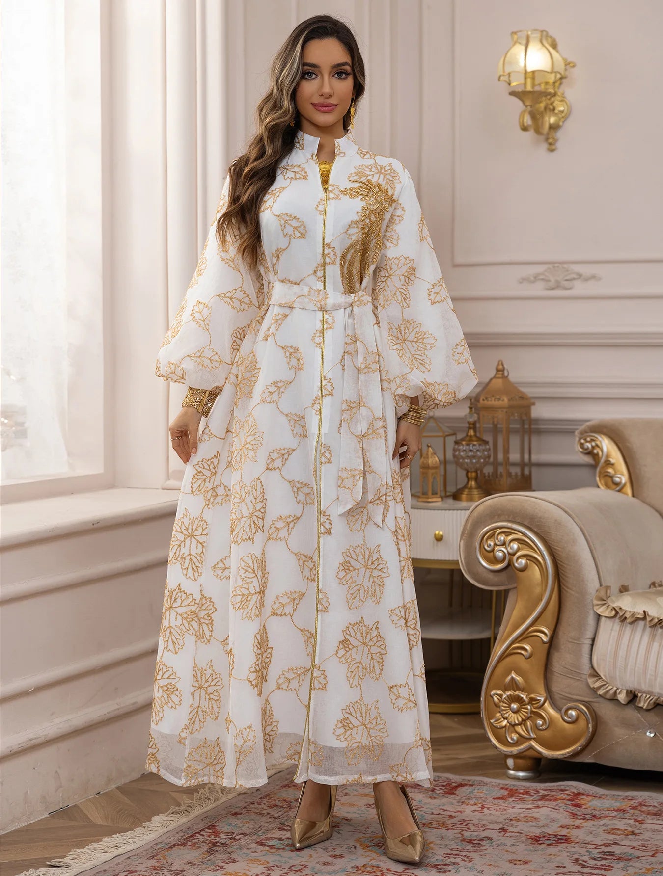 2025 Luxury Muslim Abaya White Base Gold Floral