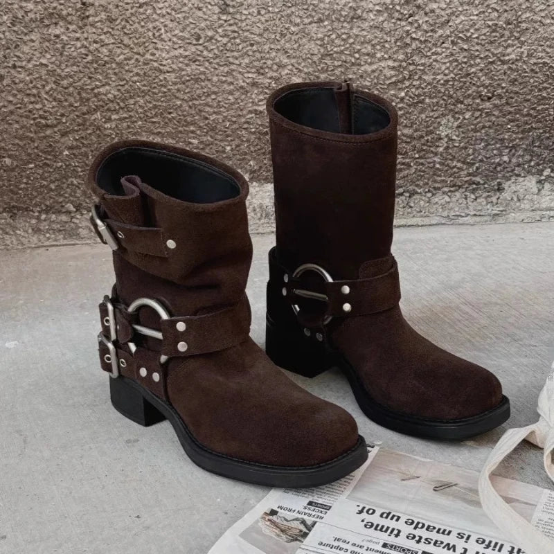 New Retro Brown Western Cowhide Boots