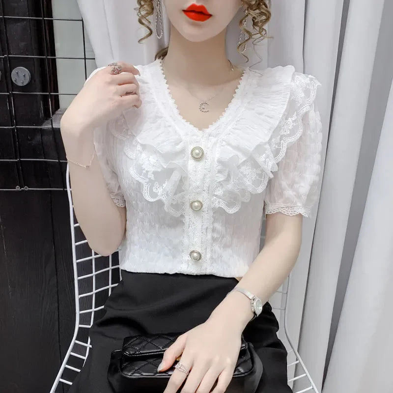 Chiffon Elegant V-Neck Lotus Leaf Edge Lace Top Shirt