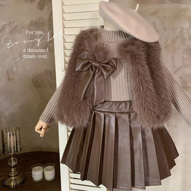 Pleated Leather Skirt 3pcs Baby Girl Clothes