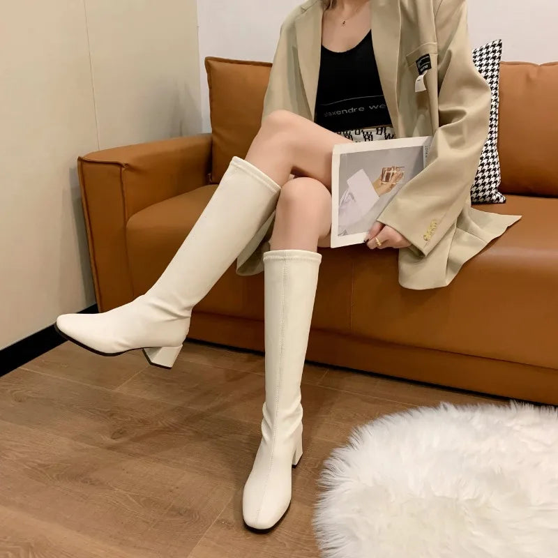 Women's Soft Pu Leather High-heeled Knee Boots