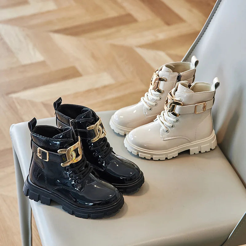 Girls Ankle Boots Glossy Buckle