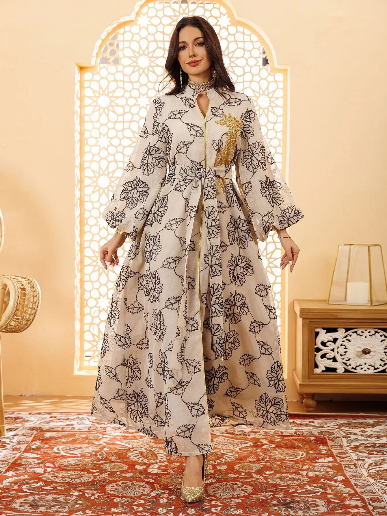 2025 Luxury Muslim Abaya White Base Gold Floral