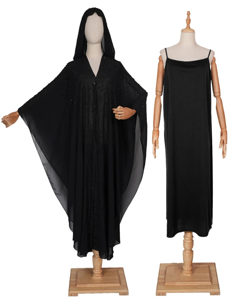 Abaya Femme Dubai Turkey Black Kaftan Long Sleeve Chiffon Hooded Dresses