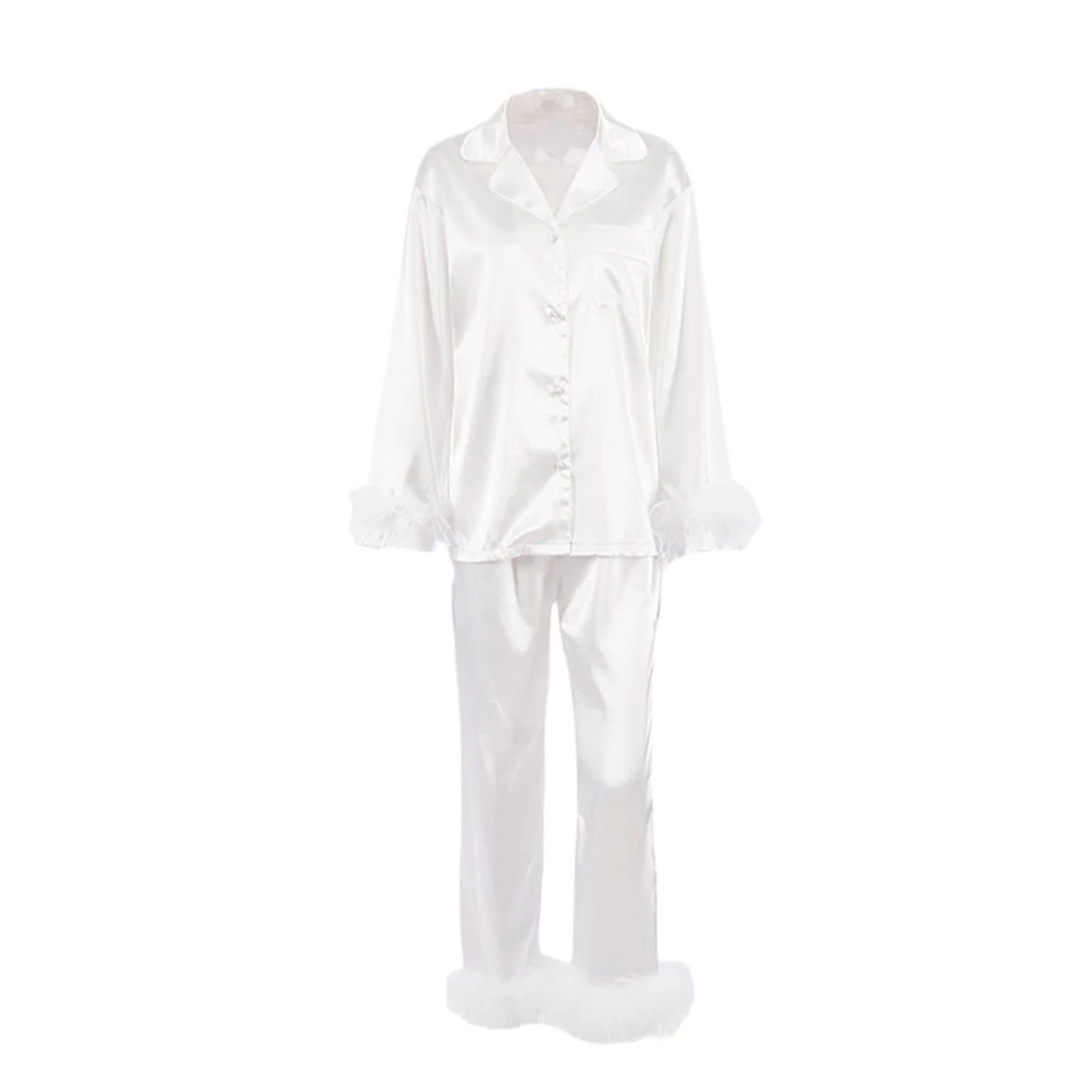 Women Soft Pajamas Sets Fur Feather Trim Long Sleeve Button Satin