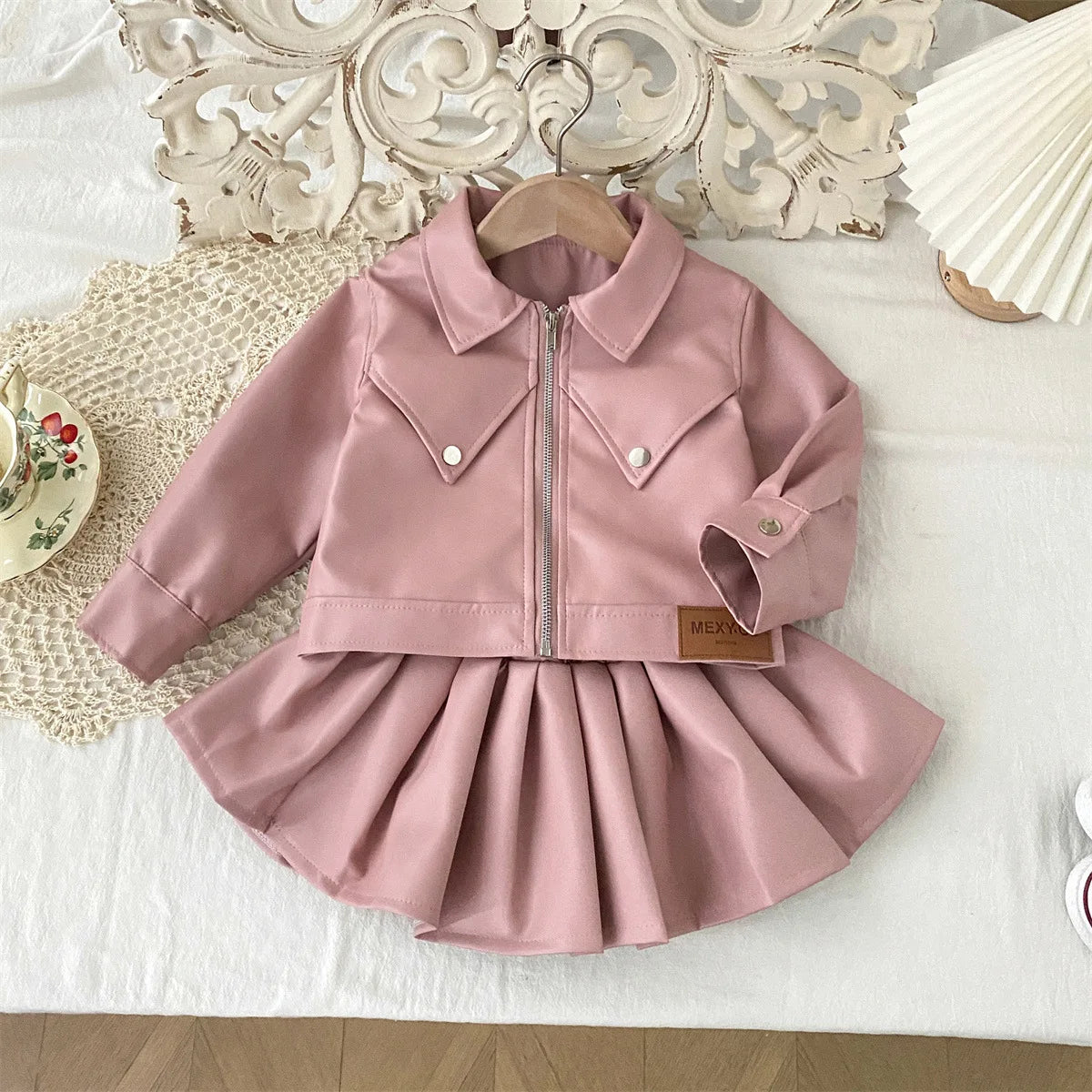 Cool Girls Pu Leather Jacket With Short Skirt Two-Piece Outfit Set