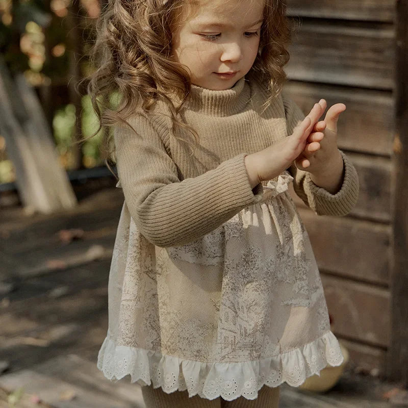 Toddler Girls Woven Spliced Lace Cute Knitted Top and Leggings Outfit Set