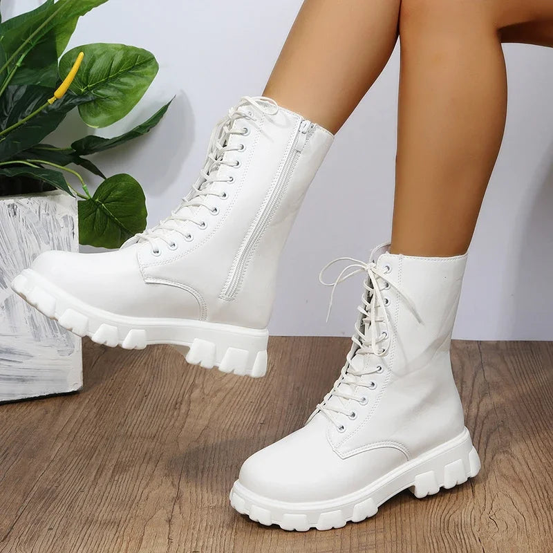 Autumn Winter PU Leather White Ankle Boots