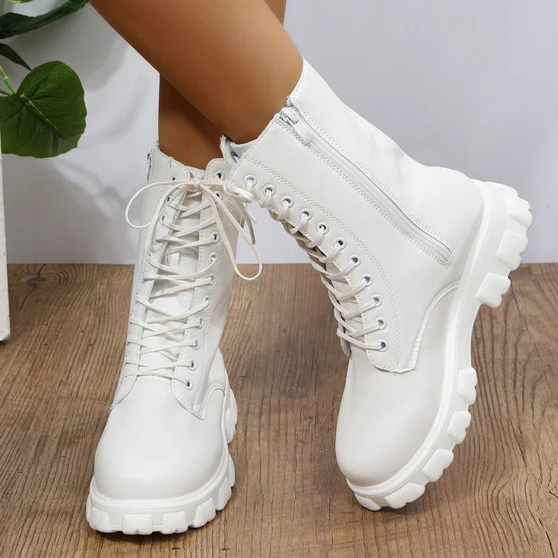 Autumn Winter PU Leather White Ankle Boots