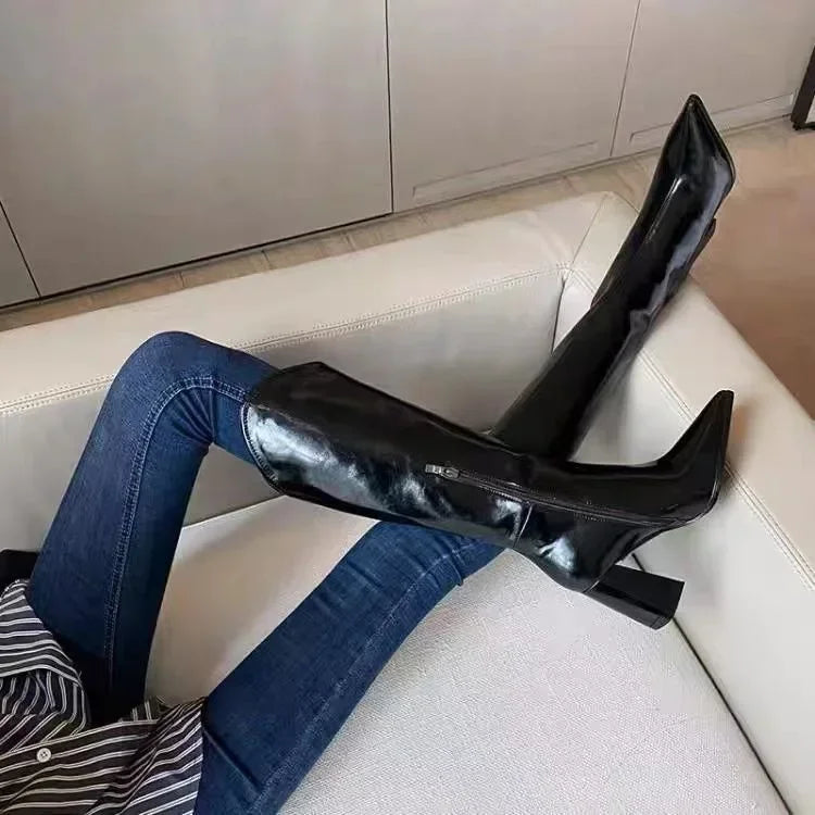 PU Leather Long Boots V-port Pointed Toe Knee High Boots