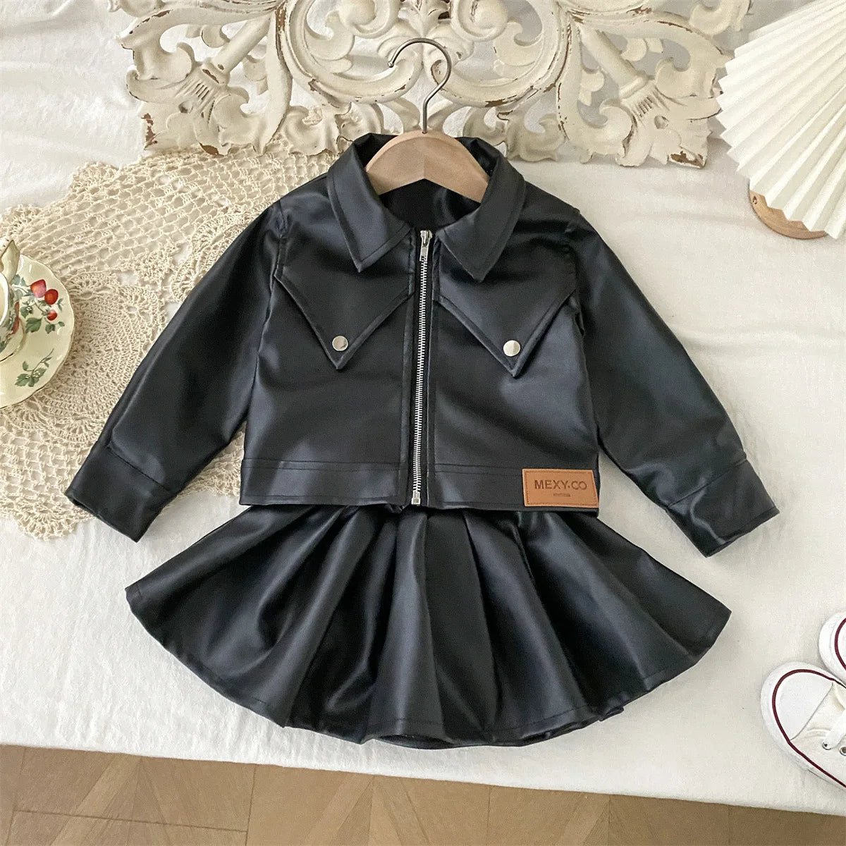 Cool Girls Pu Leather Jacket With Short Skirt Two-Piece Outfit Set