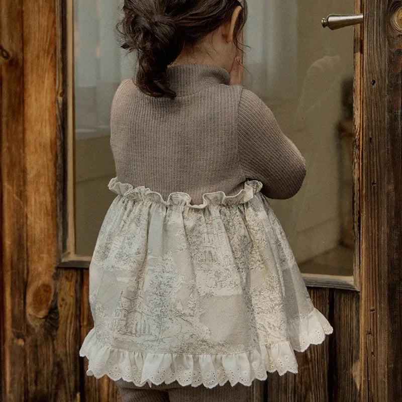 Toddler Girls Woven Spliced Lace Cute Knitted Top and Leggings Outfit Set