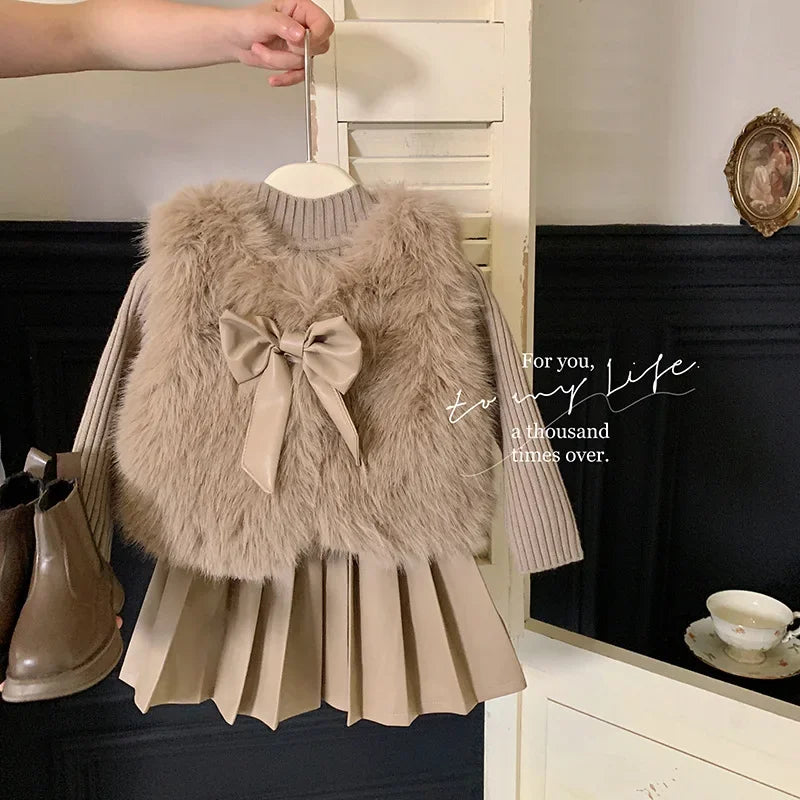 Pleated Leather Skirt 3pcs Baby Girl Clothes
