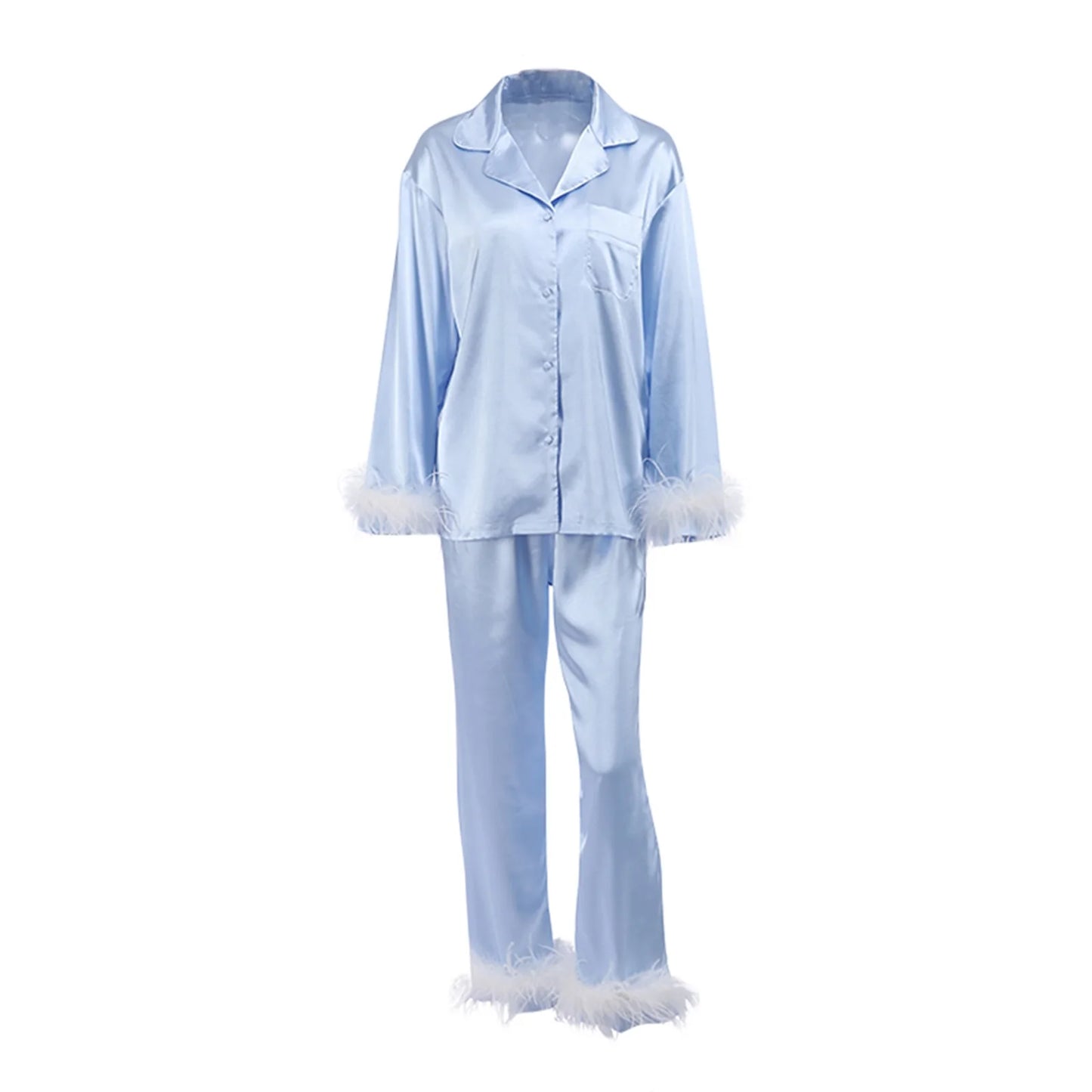 Women Soft Pajamas Sets Fur Feather Trim Long Sleeve Button Satin