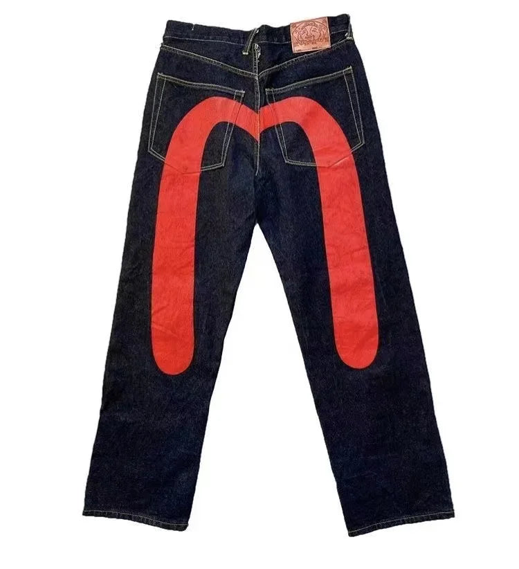 Punk Vintage Print Wide Leg Denim Jeans
