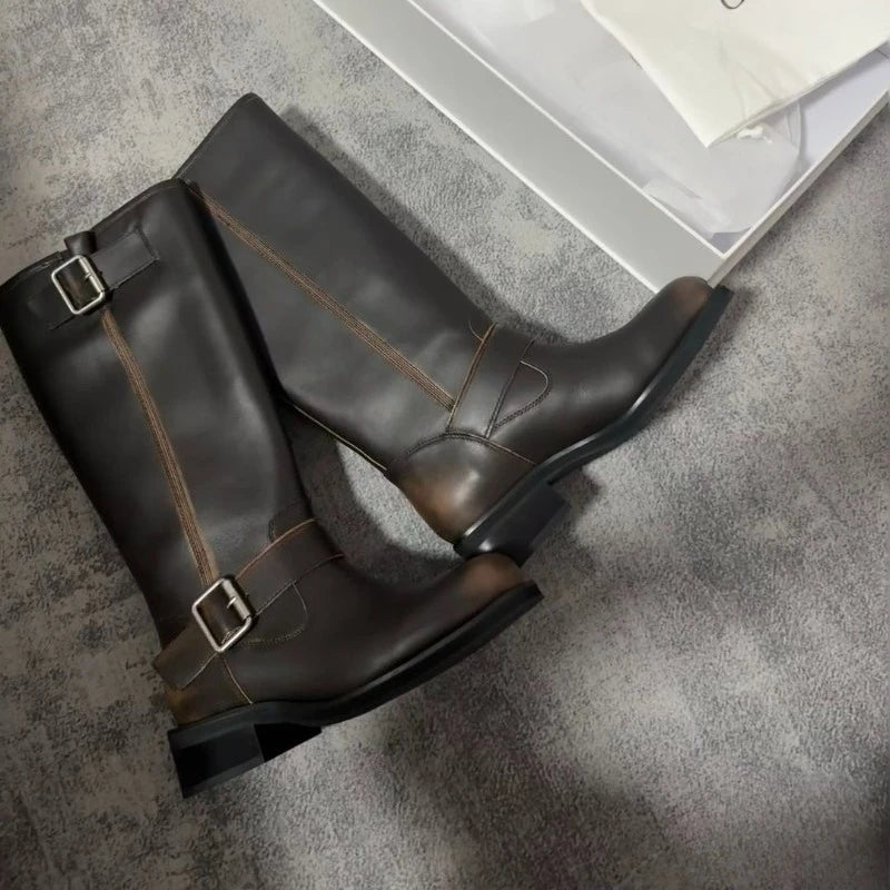 New Retro Brown Western Cowhide Boots