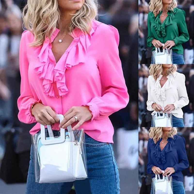 Chiffon Blouse Long Sleeve V-neck Ruffle