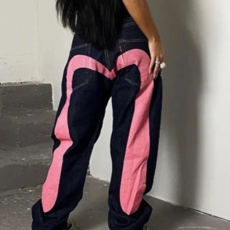 Punk Vintage Print Wide Leg Denim Jeans