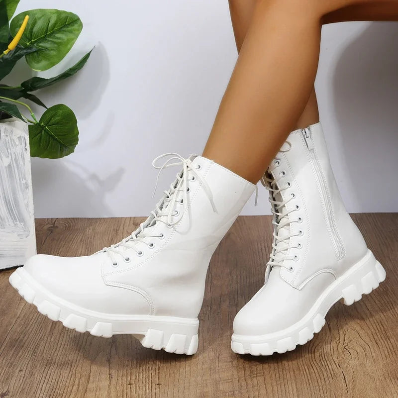 Autumn Winter PU Leather White Ankle Boots