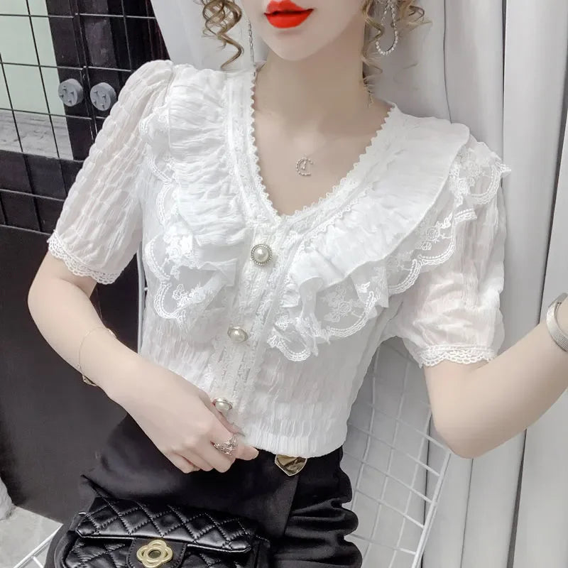 Chiffon Elegant V-Neck Lotus Leaf Edge Lace Top Shirt