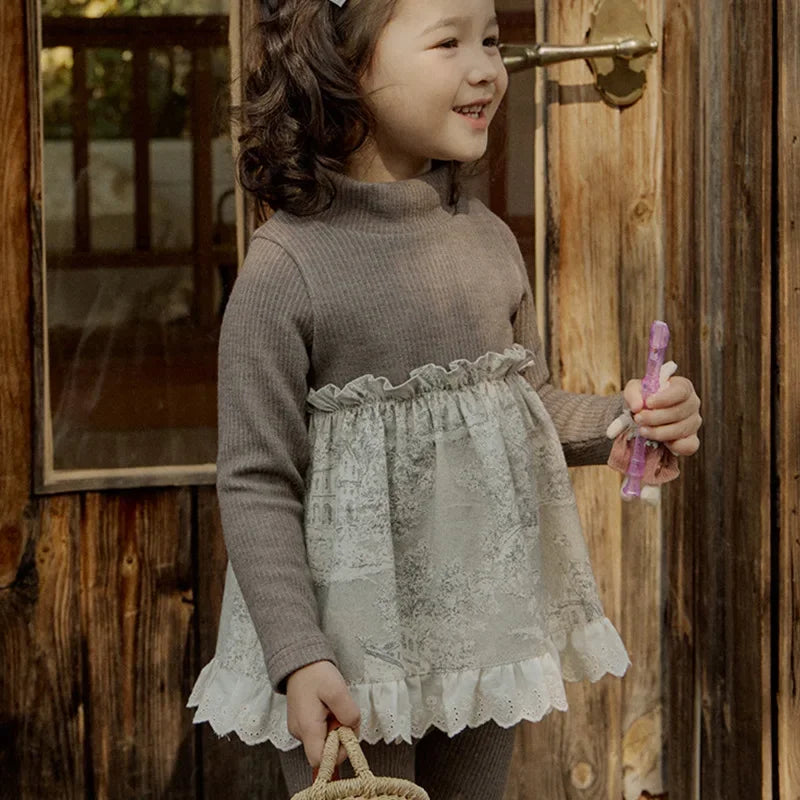 Toddler Girls Woven Spliced Lace Cute Knitted Top and Leggings Outfit Set