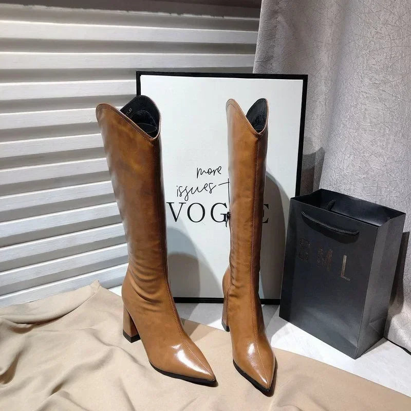 PU Leather Long Boots V-port Pointed Toe Knee High Boots
