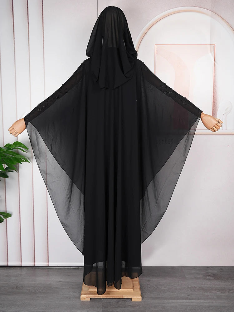 Abaya Femme Dubai Turkey Black Kaftan Long Sleeve Chiffon Hooded Dresses