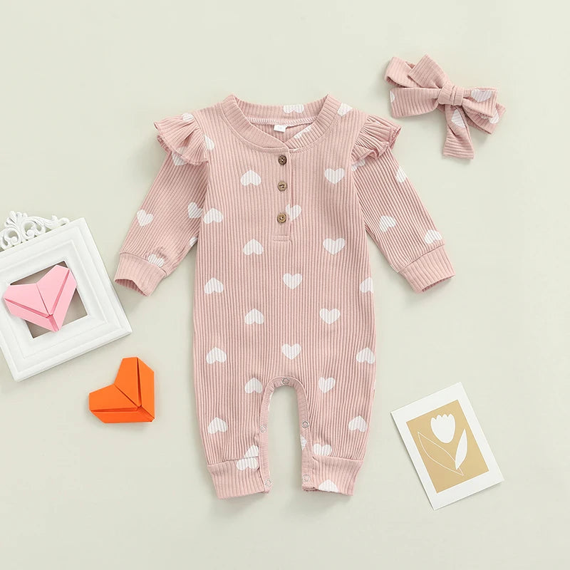 Newborn Baby Girls Romper Ruffle Ribbed Bodysuit Heart Jumpsuit with Headband Outfits 0-18M