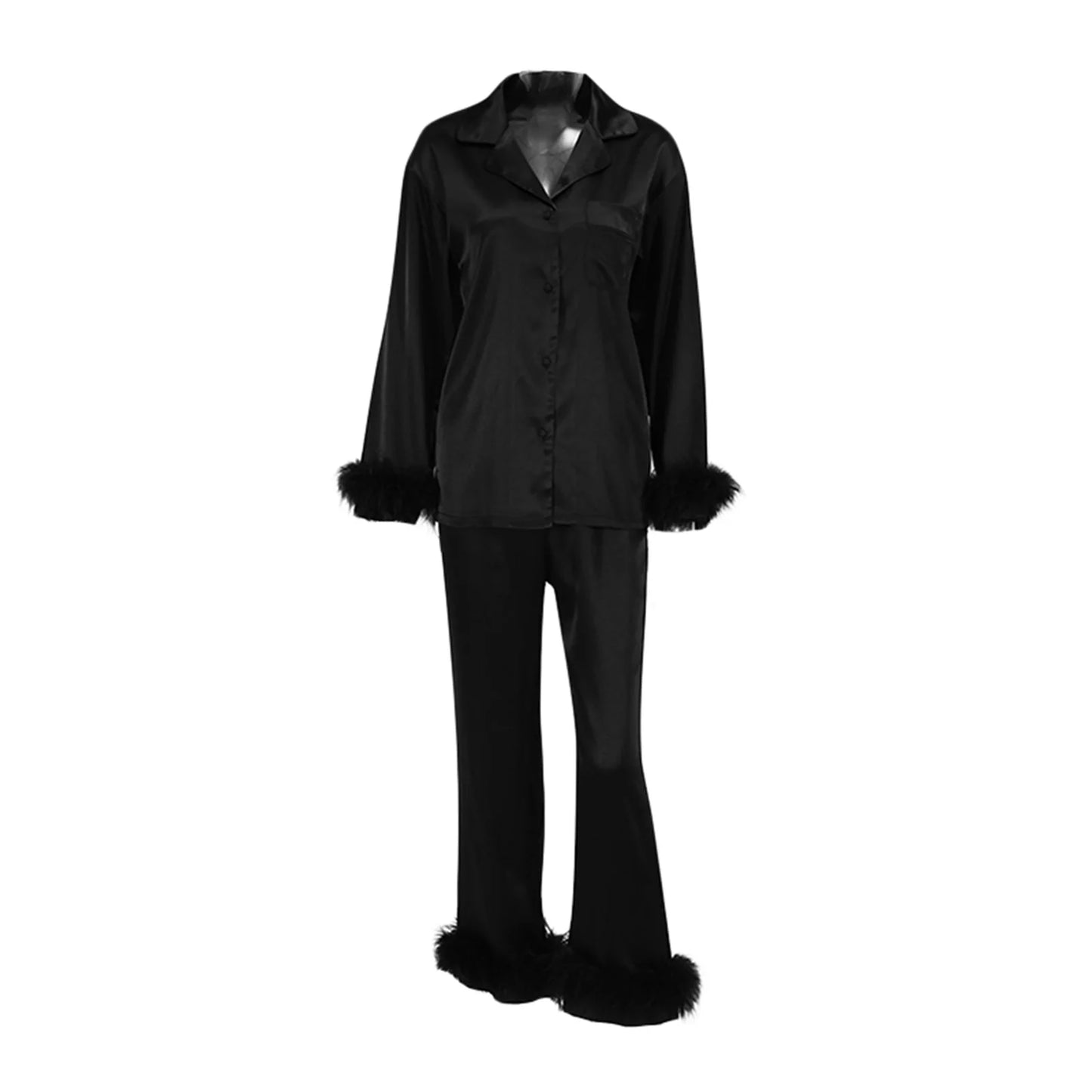 Women Soft Pajamas Sets Fur Feather Trim Long Sleeve Button Satin