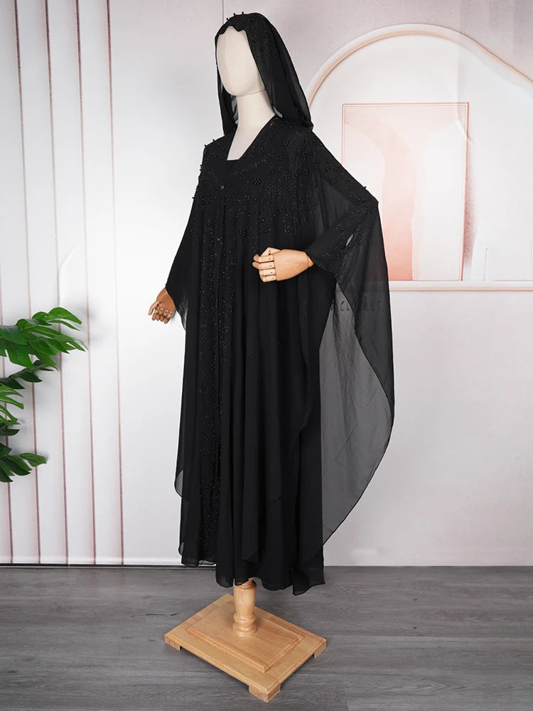 Abaya Femme Dubai Turkey Black Kaftan Long Sleeve Chiffon Hooded Dresses
