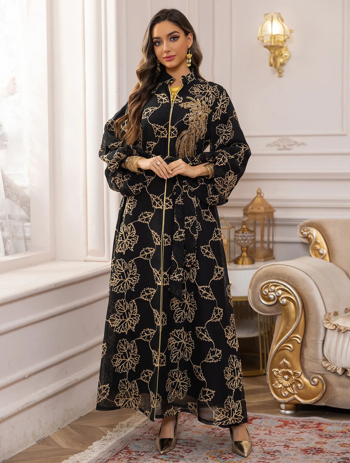 2025 Luxury Muslim Abaya White Base Gold Floral