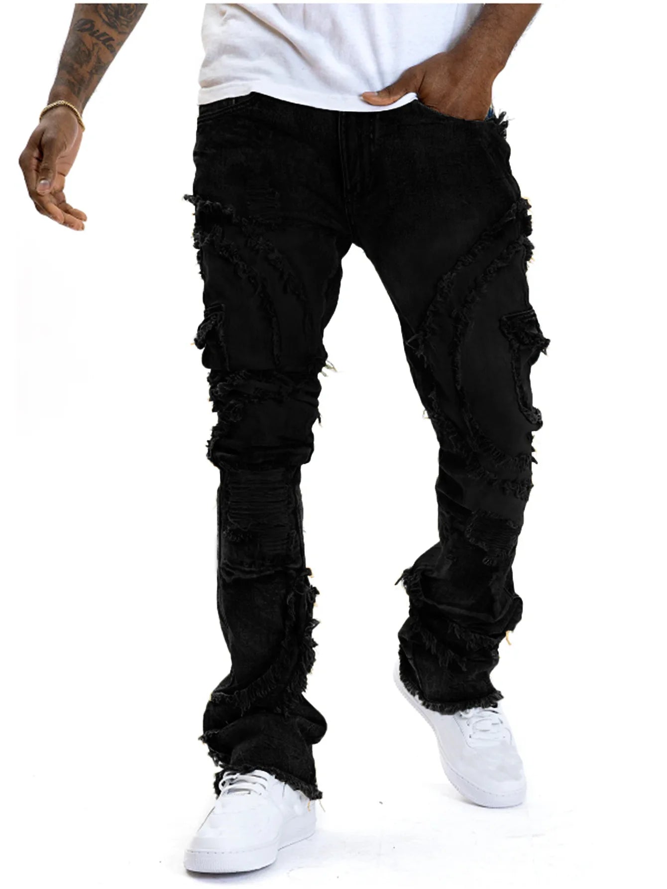 Retro ripped hole slightly flared tassel elastic jeans