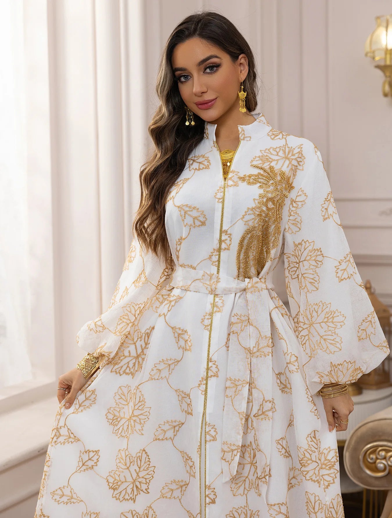 2025 Luxury Muslim Abaya White Base Gold Floral
