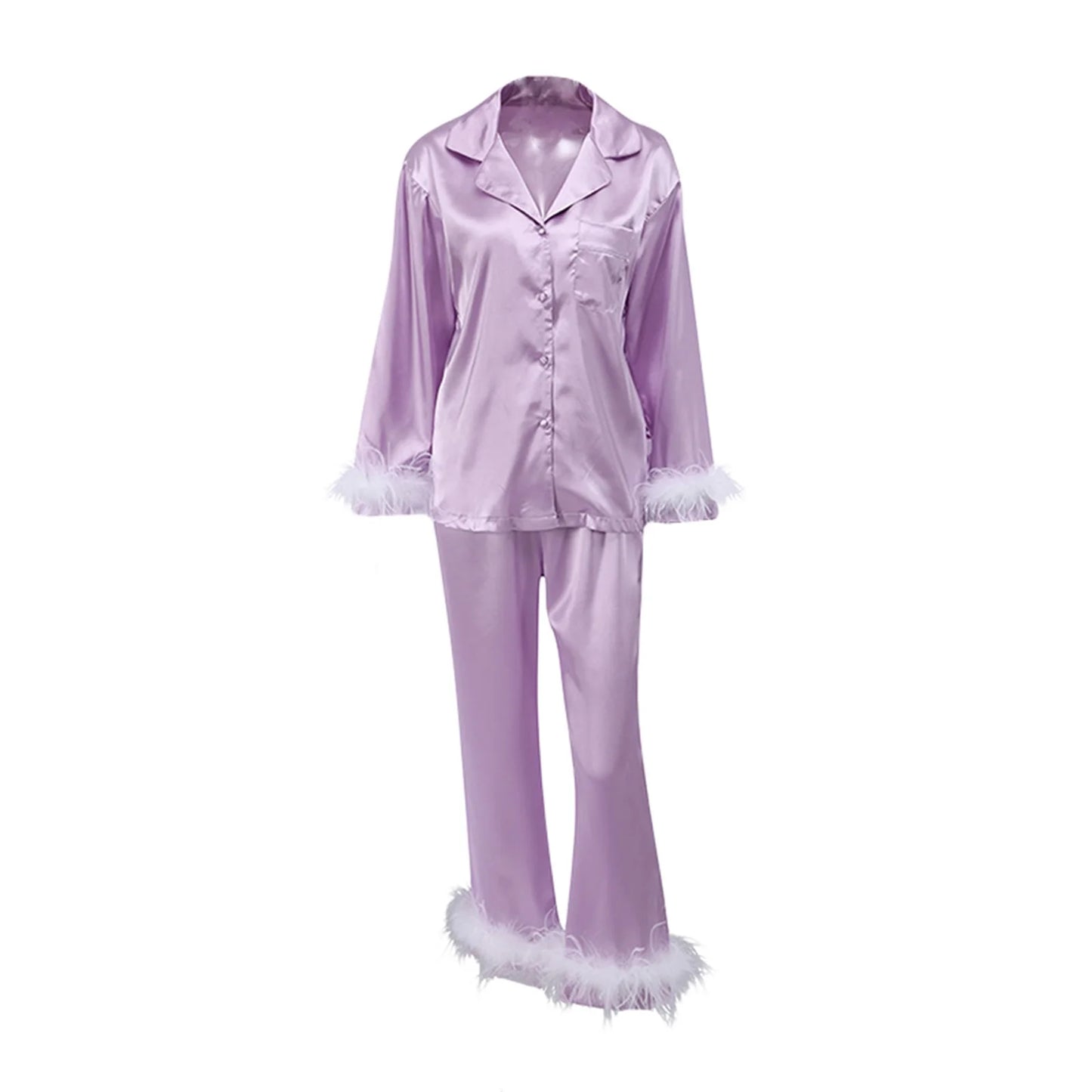 Women Soft Pajamas Sets Fur Feather Trim Long Sleeve Button Satin