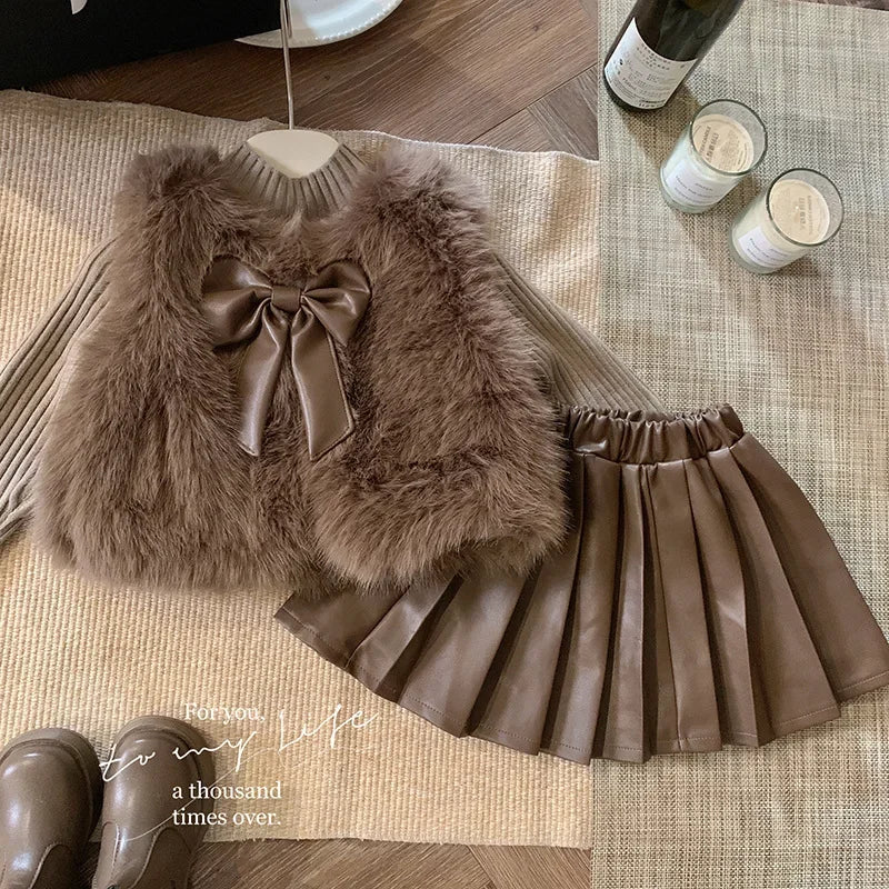 Pleated Leather Skirt 3pcs Baby Girl Clothes