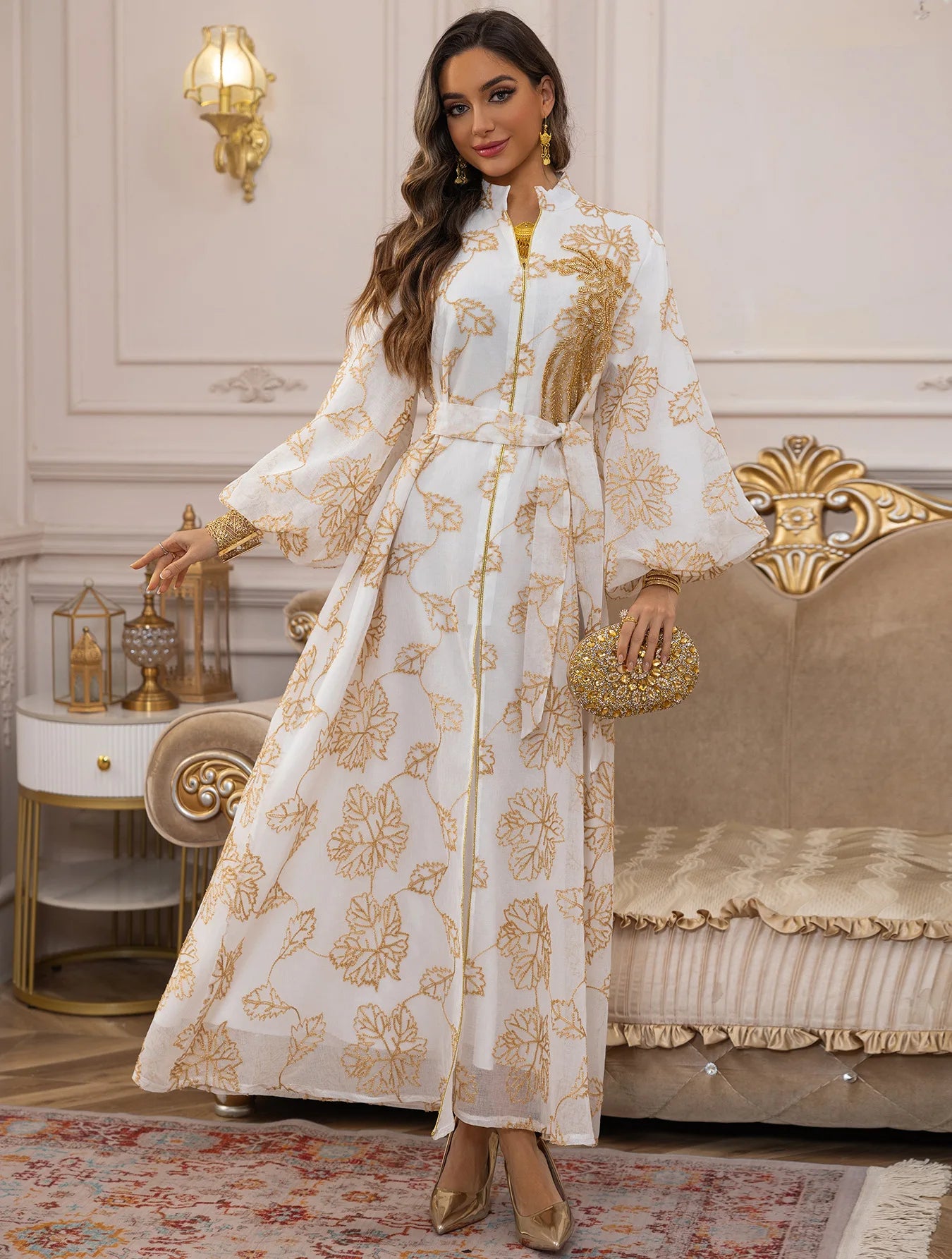2025 Luxury Muslim Abaya White Base Gold Floral